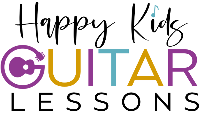 text for the logo Happy Kids Guitar Lessons with guitar multi-colored in purple yellow and turquoise and the g has a guitar inside it